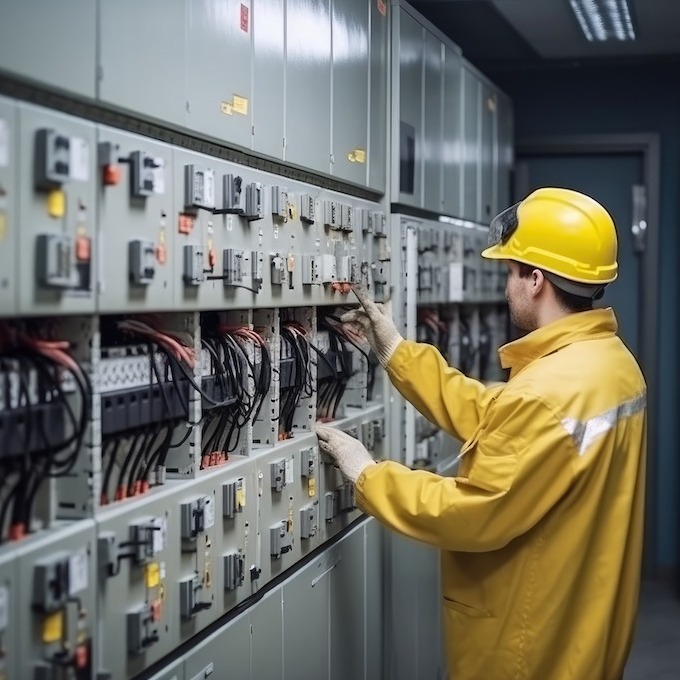 An electrician is reconfiguring an electrical panel 