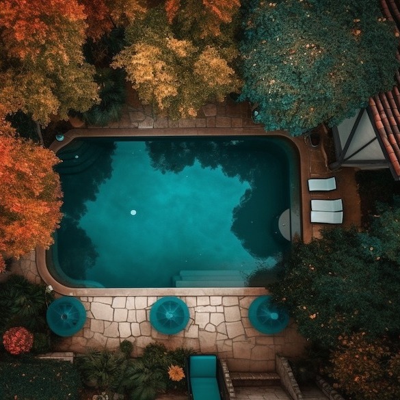An aquamarine pool seen from above during autumn. There are large trees on one side of the pool and green umbrellas on the other side.